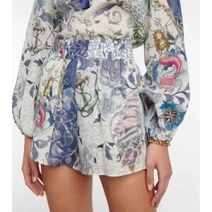 ETRO Blue Floral Ramie Shorts Size 46 Large Elastic Relaxed Beach Travel Yacht